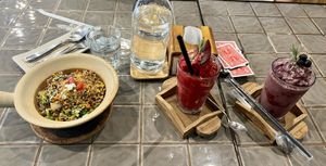 (L-> R) Rice with veg, Red Hot, & Açaí smoothies  at Samui Health Shop by Lamphu in Koh Samui