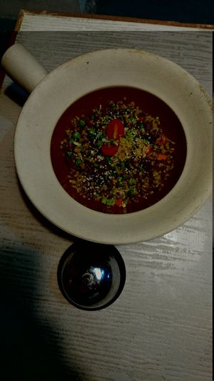 Rice & Veggies dish (with bell for scale)  at Samui Health Shop by Lamphu in Koh Samui