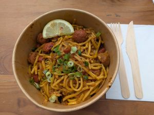 Vegan noodle dish with soy protein at Ayubowan Street Food - Sheffield in Sheffield