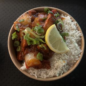 Jackfruit Devil with rice  at Ayubowan Street Food - Sheffield in Sheffield