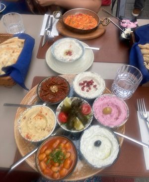 Mezze platter (vegetarian w yogurts) and menemen (vegetarian with egg for my friend) Yum!  at Resto Han in Istanbul