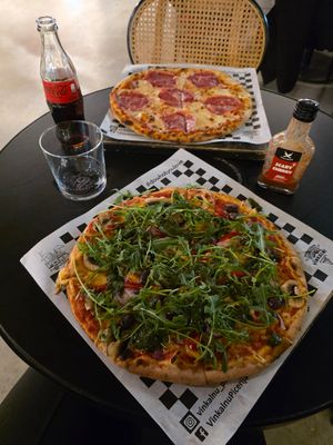 the vegan pizza is the green one! Perfect at Vīnkalni Picērija in Riga