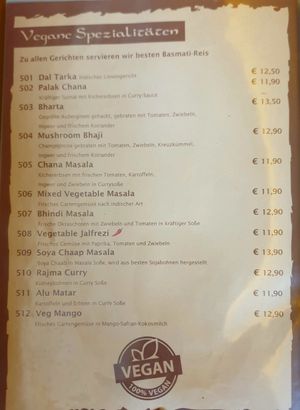 Die vegane Seite der Speisekarte at Yogi's Indisches Restaurant in Donauwoerth