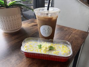 Vegan Lemon pound cake with cold brew and coconut milk    at Latte Vino in Lutz