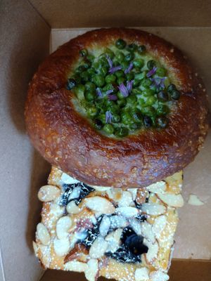 English peas, tarragon cream, salty soft n crusty 🥳 at Twelvemonth Bakehouse in Burlingame