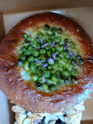 English peas, tarragon cream, salty soft n crusty 🥳 at Twelvemonth Bakehouse in Burlingame