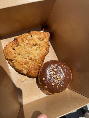 Garlic and sundried tomatoes scone and chocolate donut   at Twelvemonth Bakehouse in Burlingame