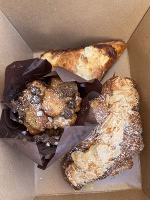 Peach turnover, peach crumble croissant, chocolate chip bread pudding  at Twelvemonth Bakehouse in Burlingame