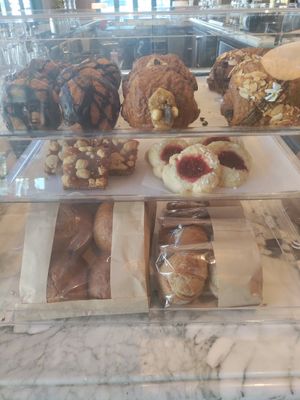 Pastry case next to bar at Twelvemonth Bakehouse in Burlingame