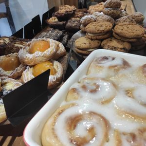 Freshly baked cinnamon buns with cream cheese frosting  at The Pie Box Cafe in Cardiff