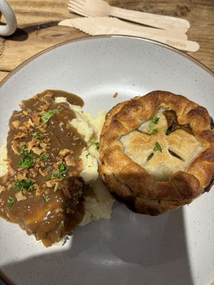 Stake and Ale pie with garlic mash  at The Pie Box Cafe in Cardiff