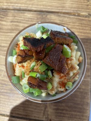 Mac N cheese with bbq ribz and spring onions  at The Pie Box Cafe in Cardiff
