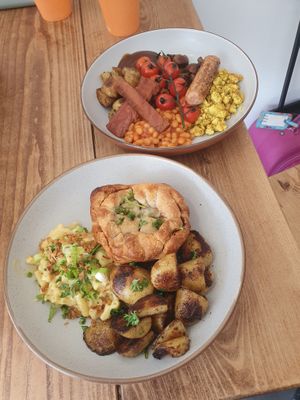Pie with mac and cheese and potatoes, and brunch plate at The Pie Box Cafe in Cardiff