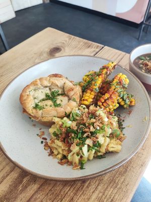 Chicken and leek pie, Mac and cheese and corn ribs at The Pie Box Cafe in Cardiff