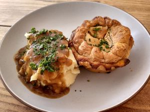 Cheezy veggie pie with creamy mash and the best gravy at The Pie Box Cafe in Cardiff