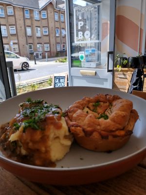 Pie and mash at the pie box at The Pie Box Cafe in Cardiff