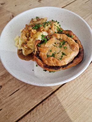 Mushroom and leek pie with garlic mash at The Pie Box Cafe in Cardiff