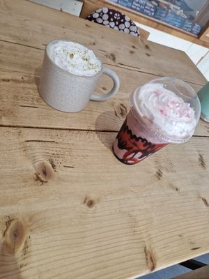 Hot pistachio and white chocolate latte and black cherry milkshake at The Pie Box Cafe in Cardiff