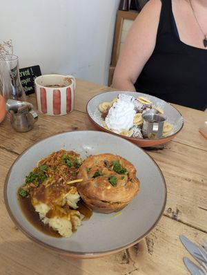 Bacon, Mac and cheese pie and then the French toast in the background. at The Pie Box Cafe in Cardiff