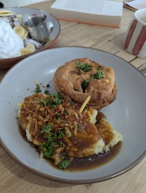 Bacon, Mac and cheese pie with mustard and cheese mash and gravy. at The Pie Box Cafe in Cardiff
