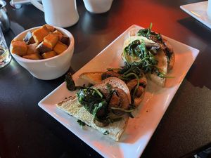 Spinach and mushrooms on sourdough with sweet potatoes  at The Breakfast Spot in Lake George