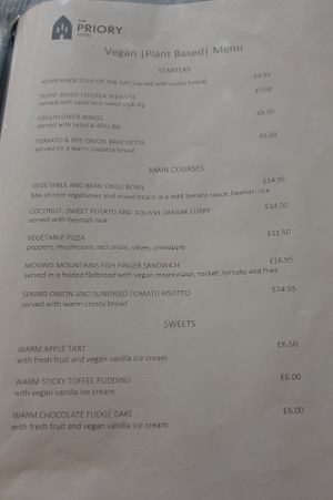 Separate vegan menu at The Priory Hotel in Beauly