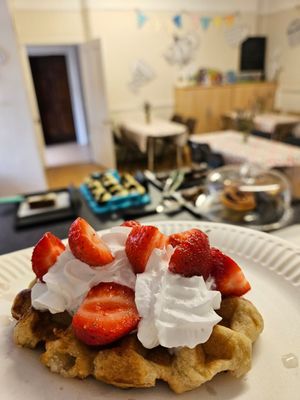 Vegan waffles at Southlands Community Cafe in West Drayton