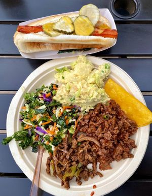 BBQ smoked seitan, smoked pepper garlic soy curls, potato salad, kale salad + smoke marinated carrot dog.✨delicious! #Veganuary at Leaf Over Beef in Los Angeles