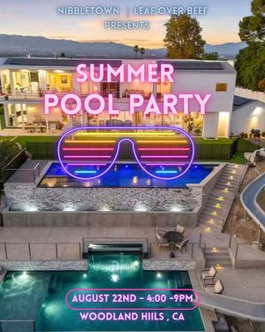 Join us  Sat, Aug 22nd, from 4:00 PM to 9:00 PM for a $60 Vegan Pool Party featuring buffet  in Woodland Hills, Ca.
Tix are available at 
https://veganpoolparty.eventbrite.com at Leaf Over Beef in Studio City