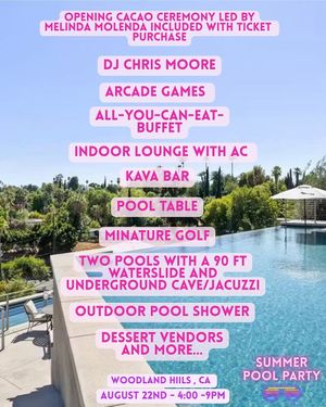 Join us  Sat, Aug 22nd, from 4:00 PM to 9:00 PM for a $60 Vegan Pool Party featuring buffet  in Woodland Hills, Ca.
Tix are available at 
https://veganpoolparty.eventbrite.com at Leaf Over Beef in Studio City
