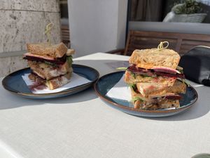 Vegan sandwich with peanut butter, caramelized onion, smoked tofu, beetroot and rucola - extremely good  at Kultury Coffee in Partizanske
