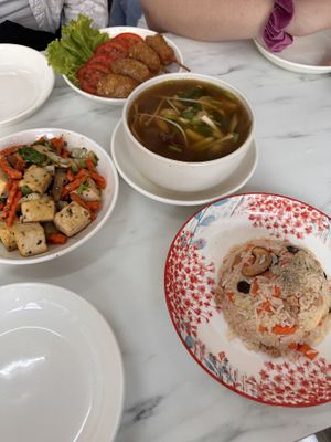 Fried chicken wing (top), Tom yum (middle), pepper tofu (left), pineapple fried rice (bottom)   at Vegan House Pattaya in Pattaya