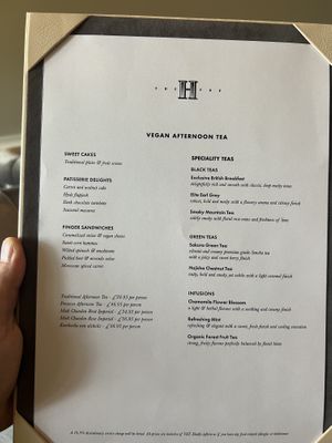 Vegan afternoon tea menu  at The Hyde Restaurant & Bar in West London