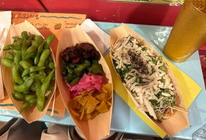 Edamame, Pickles and Takoyaki with onions and vegan cheese. All vegan    at OKO Takoyaki in Osaka