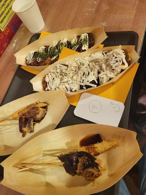 Standard Takoyaki and spicy Takoyaki with vegan cheese at OKO Takoyaki in Osaka