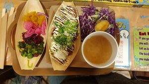 salty sesame takoyaki, pickles, miso soup, cabbage at OKO Takoyaki in Osaka