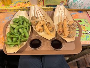 Edamame and 2 Kushikatsu at OKO Takoyaki in Osaka