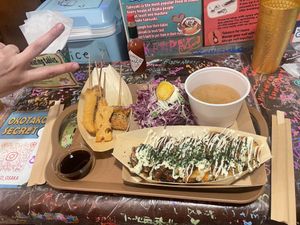 Fried skewers and takoyaki  at OKO Takoyaki in Osaka