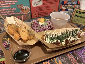 Originak takoyaki, miso soup and kushikatsu  at OKO Takoyaki in Osaka