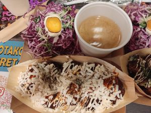 Takoyaki with spicy sauce and cheese (miso soup and salad on the side) at OKO Takoyaki in Osaka