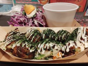 Takoyaki with standard sauce (miso soup and salad on the side) at OKO Takoyaki in Osaka