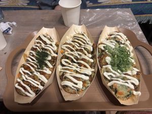Three different versions of vegan takoyaki. My favorite were seasoned with sesame oil (on the left).   at OKO Takoyaki in Osaka