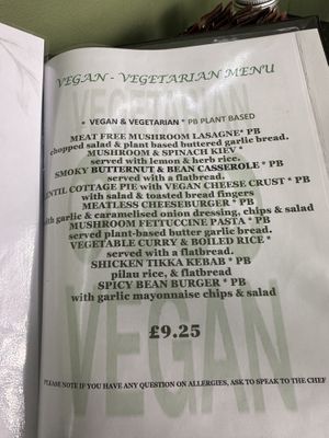 The main dishes vegan section in the menu   at Cafe 25 in Blackpool