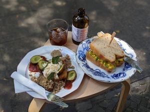 French toast, iced coffee, kombucha & no-egg sandwich at Sfera in Berlin