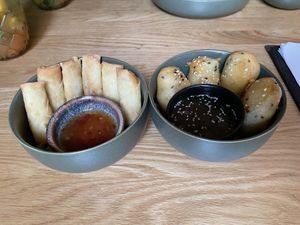 V7 spring rolls (left), V11 golden Belly (right)  at Project Vegan in Koblenz