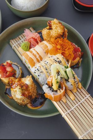 Sushi Variation: Tempura Veggie Garden Roll & Green Holder Roll  at Project Vegan in Koblenz