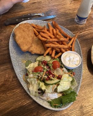 Vegan Schnitzel (you can choose your side dish, we had sweet potato fries)   at Bar Be QUBE in Lueneburg