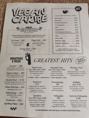 Menu at Vegan Caribe in Bacalar