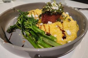 Vegan chimichurri steak with jalapeno polenta (South American dinner night) at Vibe Vegan Bistro in Destin