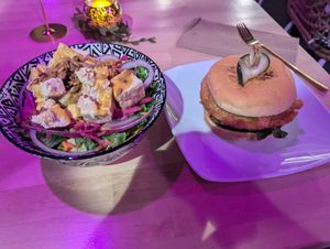 Tempura Battered Ch*cken Sando with side salad at XO Bar in Portland